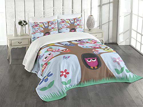 ABAKUHAUS Eule Tagesdecke Set, Vögel und Schmetterlinge, Set mit Kissenbezügen Maschienenwaschbar, für Doppelbetten 220 x 220 cm, Hellblau Braun