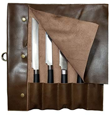 Professional Chef Lightweight Genuine Premium Antique Brown Leather Chef Knife Bag/Knife Roll 5 Pockets Space *KB06