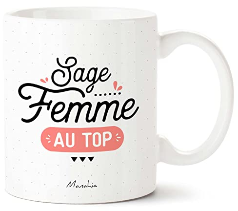Manahia Mug Cadeau Sage Femme - Sage Femme au Top - Avec Boite Kraft - 330 mL, Céramique - Imprimé en France - Tasse Merci - Remercier les Soignants - Cadeau Hôpital - Accouchement