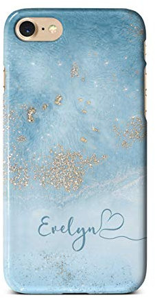 iCaseDesigner Personalised Marble Glitter Flowing Name with Heart Phone Case for Apple iPhone SE 2020-22. Light Blue Marble with Faux Gold Sparkle Name