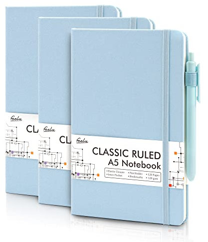 feela Notizbuch A5 liniert Hardcover, 3 Notizbücher Set, Journal Buch mit 3 Gelstifte schwarz, 120 GSM, 13x21cm, Notizblock Set geeignet für Büro, Schule, für Kinder und Erwachsene, Din A5, hellblau