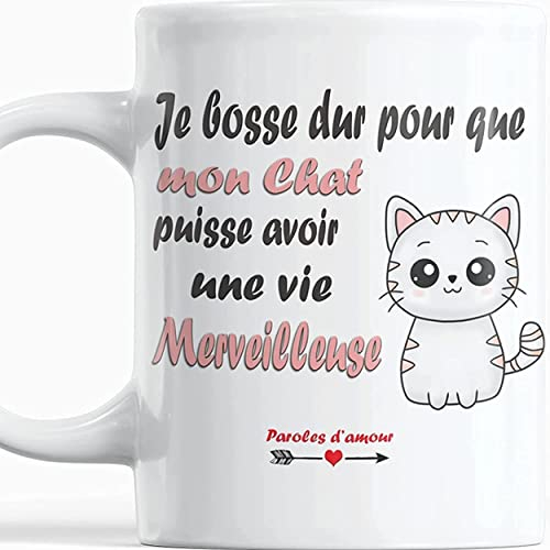 Tasse chat original pour petit déjeuner Mug cadeau original pour amoureux des chats je bosse dur pour que mon chat puisse avoir une vie merveilleuse Jolie tasse chaton cadeau Noel anniversaire