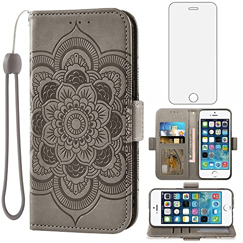 Asuwish Handyhülle für iPhone 5S/5/SE 2016 Hülle mit Glas Folie Schutzfolie Kartenfach Klappbar Leder Geldbörse Ständer i 5SE 1 S SE2016 1. Generation Handy Hüllen Mandala Schutzhülle Phone Case Grau