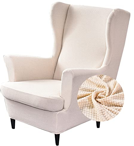 Highdi 2 Teilig Jacquard-Strickstoff Ohrensessel Überzug, Sessel-Überwürfe Ohrensessel Schonbezüge Bezug Sesselhusse Elastisch Stuhlbezug mit Armlehne Hohe Rückenlehne Universal (Beige)