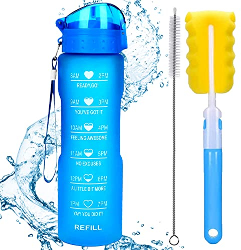 XACIOA 32oz Water Bottle with Straw & Time Markings,1L Tritan Drink Sport Flask Leakproof,Canteen Bottle BPA Free for Kids & Adults,Ensure You Drink Enough Water for Outdoor Travel,Cycling,Gym