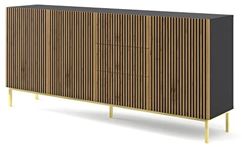BIM Furniture Kommode Ravenna A 3D3S 200 cm gefräst MDF, Sideboard Highboard Schrank, 3 Türen, 3 Schubladen (Schwarz Matt/Artisan Eiche)