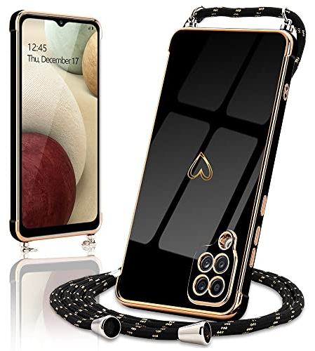 Micoden Handykette kompatibel mit Samsung Galaxy A12,Samsung Galaxy M12 Ultra dünn Kameraschutz Herz Love Design Galvanik TPU Silikon Bumper Kordel zum Umhängen Handyhülle mit Band Schutzhülle,Schwarz
