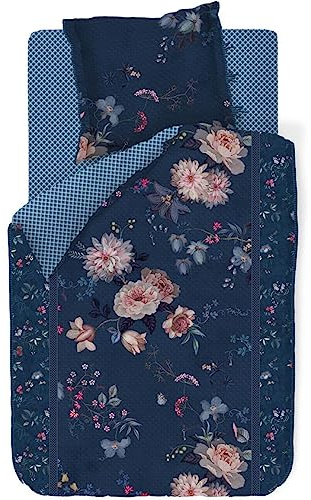 PiP Studio Bettwäsche Tokyo Bouquet Dunkelblau Blumen Blüten Zweige Gepunktet Perkal Wendeoptik, Größe:135 cm x 200 cm