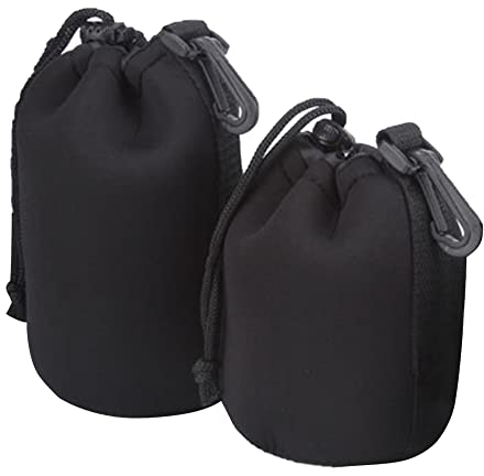 Helweet Sac d'objectif Pochette, Housse Objectif, Pochette pour Objectif de Caméra, avec Cordon de Serrage Réglable et Clip Pivotant, Poche Lentille Epais pour Protéger l'Objectif, Noir, Taille M, L