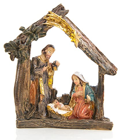 Logbuch-Verlag Piccolo presepe natalizio in resina, 9 x 8,5 cm: decorazioni Natale casa, natività con Maria Giuseppe e Gesù Bambino, statuina elegante da tavolo o mensola