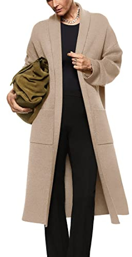 Womens Long Sleeve Maxi Cardigan Open Front Oversized Knitted Sweater Coat Casual Lapel Warm Overcoat with Pockets Beige
