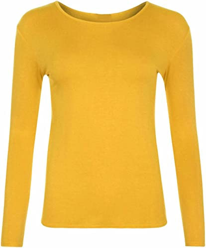 Crazy Fashion Long Sleeve Plain Tshirts for Women UK Round Scoop Neck Stretchy Formal Casual Basic Slim Fit Jersy Ladies Tee Top Plus Size 8-22 Yellow