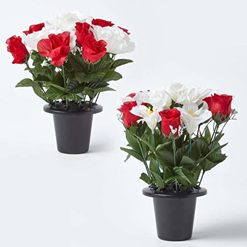 HOMESCAPES Set of 2 Artificial Grave Vases with Red & White Peony & Rose Faux Flowers Grave Flowers in Black Pot, 30 cm