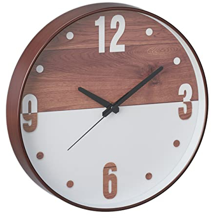 Relaxdays Wanduhr, Ø 29,5 cm, batteriebetrieben, analoge Küchenuhr, Holzoptik, Wohnzimmeruhr mit Zahlen, braun/weiß