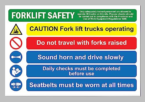 Forklift safety caution fork lift trucks operating do not travel with forks raised seatbelts to be worn at all times safety sign - 1mm flexible Plastic sign (600mm x 400mm)
