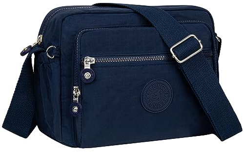 NEWIROVE Umhängetasche Damen Mittelgroß Nylon Wasserdicht Crossbody Bag Leichte Schultertasche Damen Handtaschen Mit Vielen Fächern Sportlich Umhängetasche Für Einkaufen, Reisen, Schule,Marineblau
