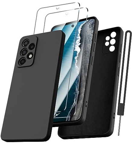 Kukiwhy Handyhülle für Samsung A52/ A52S mit 2 Stück Panzerfolie, für Samsung Galaxy A52S Hülle Ultra Dünn Slim mit Microfiber, Kratzfeste Rundumschutz Schutzhülle für Samsung A52 4G/ 5G Hülle-Schwarz