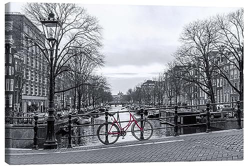 Rotes Fahrrad in Amsterdam Leinwandbild von George Pachantouris 30 x 20 cm Schwarz-Weiß Wandbilder Wanddeko