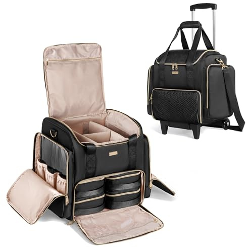 Prokva Rollender Make-up-Koffer mit 4 abnehmbaren Taschen, professioneller Make-up-Zugkoffer mit Rollen, Make-up-Künstler Reisetasche mit Pinsel-Aufbewahrungsfach (patentiertes Design), Schwarz ,