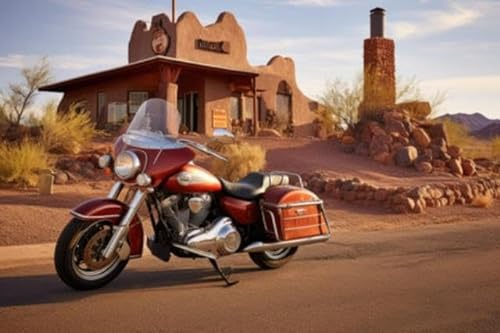 adrium Acryl-Bild 140 x 90 cm: Route 66-Schild mit in der Nähe geparktem klassischem Motorrad, erstellt mit generativer KI (209093684)