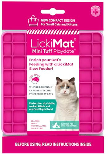 LickiMat Mini Tuff Playdate Cat Food Mat, Cat Slow Feeder for Boredom & Anxiety Relief for Cats, Perfect for Food, Treats, Yoghurt & Peanut Butter, Fun Alternative to a Slow Feeding Bowl, Pink