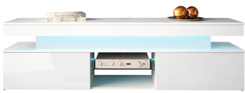 Mirjan24 TV Lowboard Serkuzo 2D 190 mit 2 Klappen, LED-Beleuchtung im Set, Griffloses Öffnungssystem, Soft-Close, Fernsehtisch, Sideboard, TV Tisch, TV Schrank (Weiß/Weiß Hochglanz)