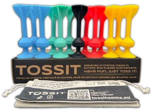 TOSSIT Jeu Fléchette Ventouse, Pétanque Intérieur Extérieur pour Sol et Mur, Silicone Puissant et Durable, 4 Couleurs, Family Pack, Rouge Cyan Bleu Clair Jaune