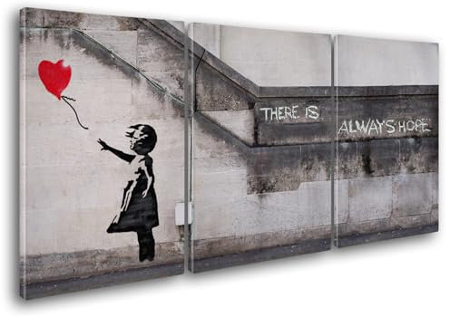 Giallobus - Große Gemälde im XXL-Format - Banksy - Street Art - Kleines Mädchen mit rotem Luftballon - Leinwand - 218x100cm | 3pcs. x 70x100cm - Moderne Gemälde für zu Hause