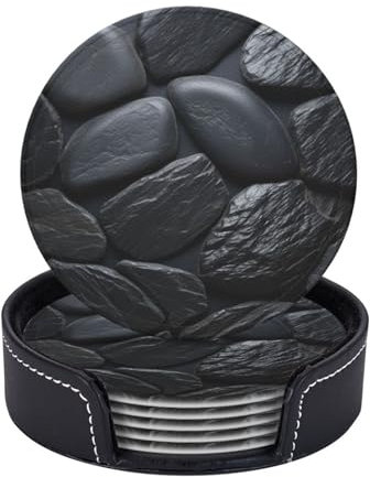 Getränkeuntersetzer, 6 Stück, Leder-Untersetzer mit Halter, schwarzer Stein, rund, rutschfest, für Tischplatte, hitzebeständig, Schutzmatte, Kaffeetassenmatte, 10,2 cm