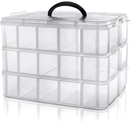 Daletu Sortierboxen für Kleinteile mit Deckel, Plastik Aufbewahrungsbox Klein für Metallteile, Perlen, Bausteine, Drei Etagen mit Herausnehmbare 30 Fächer, Transparent, Weiß