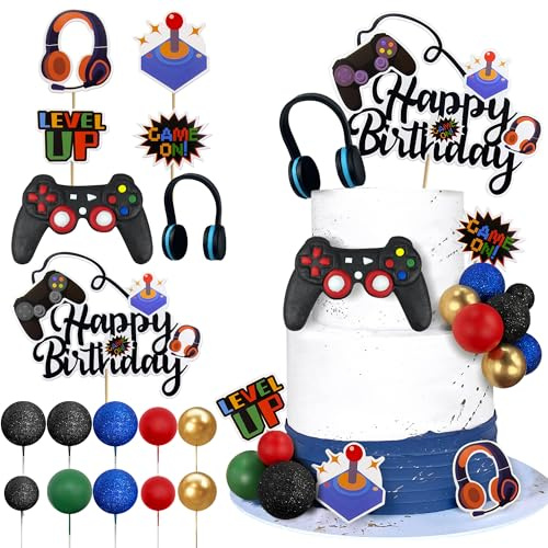 Videospiel Cake Toppers Videospiel Happy Birthday Controller Headset Kuchen Dekoration Ball Kuchen Dekoration für Spiel Thema Geburtstag Party Kuchen Dekoration
