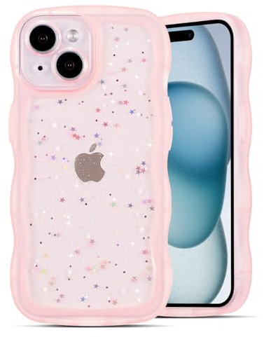 QLTYPRI Compatible with iPhone 13 Case, Cute Curly Wave Frame Clear Glitter Case for Girls Women, Sparkle Bling Soft TPU Bumper Transparent Shockproof Protective Phone Cover for iPhone 13 - Pink