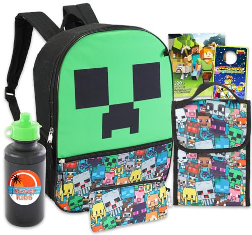 Minecraft Rucksack mit Lunchtasche-Set – Minecraft Schulrucksack-Set mit 40,6 cm Minecraft Rucksack, Minecraft Lunchbox, Wasserflasche, Bleistiftbeutel, Aufklebern, mehr | Minecraft Rucksack Kinder,