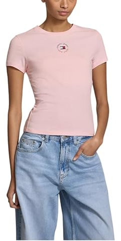 Tommy Jeans T-Shirt da Donna a Maniche Corte con Logo Essential Slim Fit, Rosa (Precious Pink), L