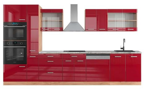 Vicco Küchenzeile R-Line, Bordeaux Hochglanz/Goldkraft Eiche/Goldkraft Eiche, mit Hochschrank, AP Marmor