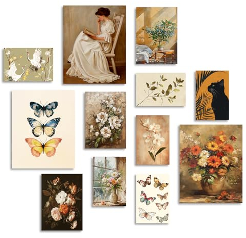 Dazzlewall Vintage Eklektische Wanddekoration Poster Rustikale Blume Schmetterling Leinwand Poster für Schlafzimmer Wohnzimmer Dekor Ungerahmt Satz von 12