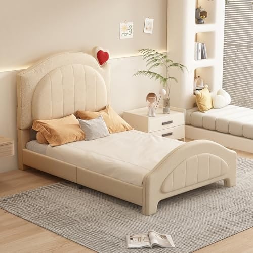 YESGIGA Kinderbett Polsterbett 90x200 cm, Höhenverstellbares Kopfteil, Teddybär-Stoff, Jungen- und Mädchenbetten (Beige)