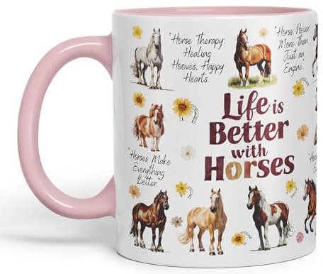 Vixar Life is Better with Horses Horse Joke Ceramic Coloured Mug Cup for Tea Coffee Hot Brew 330ml 11Oz Gift (Pink)