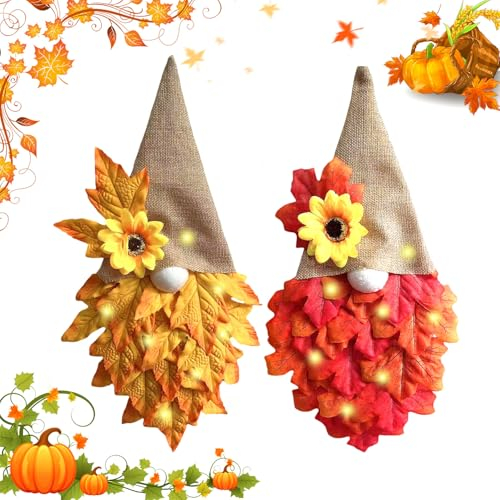 OMIGA 2 Pièces Couronne Automne Porte Deco Halloween avec 2 Petites Lumineuses Couronne de Nain d'automne pour Halloween Thanksgiving Guirlandes Citrouilles Artificielles Déco Mur Table Salon