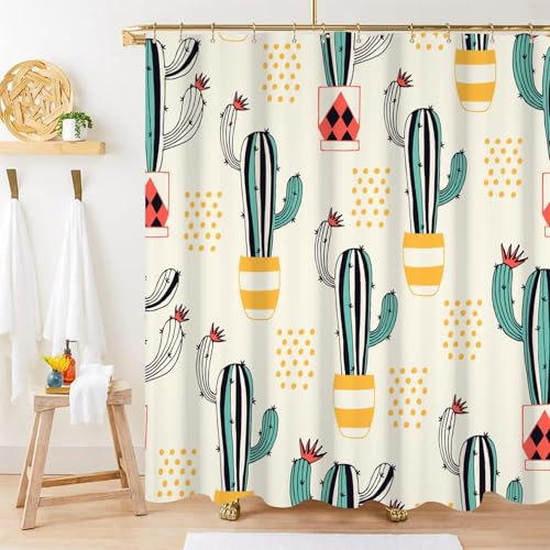 Ruelvth Kaktus-Duschvorhang für Kinder, abstraktes niedliches Kaktus-Duschvorhang-Set mit Haken, Blau und Gelb, Badezimmer-Dekor für Jungen und Mädchen, 183 x 183 cm