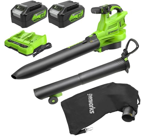 Greenworks 48V (24V x 2) Cordless Brushless Leaf Blower/Vacuum (520 CFM / 240 MPH) with Bag, Powerful & Efficient for Yard Debris Cleanup, Includes (2) 4.0Ah Battery & Dual Port Charger