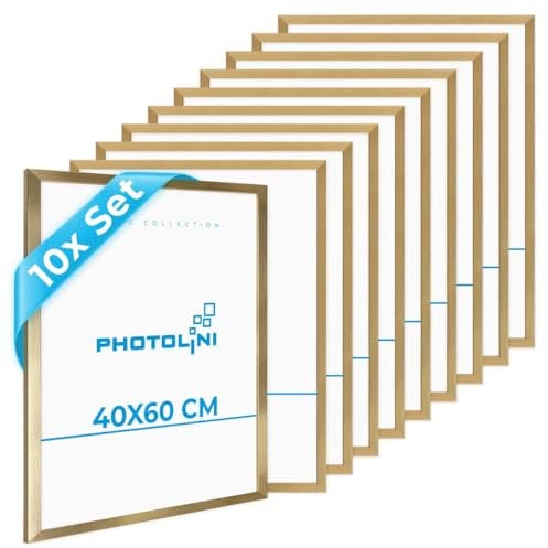 PHOTOLINI Bilderrahmen 40x60 gold 10er Set Holz MDF, Bilderrahmen 60x40 gold, picture frame 40x60 mit bruchsicherem Acrylglas zum Aufhängen, Rahmen 60x40 mit extra Zubehör - für Fotos & Poster