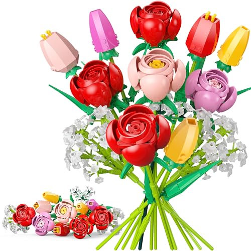 Flowers Bouquet Building Set, Office Home Forever 4 Rose 4 Tulips Plant Building Kits, Artificial Decor Gifts for Kids Birthday Adults Women Valentines Mothers Day, Her or Him