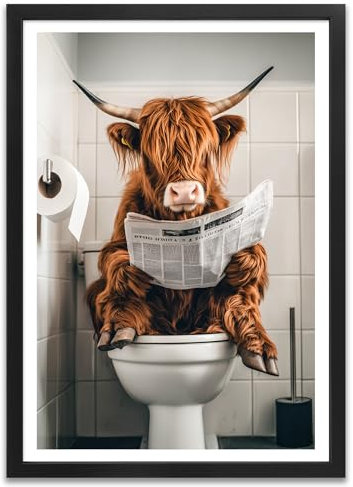 ARTFAVES® Poster - Kuh auf Toilette | Wanddeko Wandbild Badezimmer Toilette WC Bad Witzig | mit Rahmen Schwarz | 30 x 40 cm