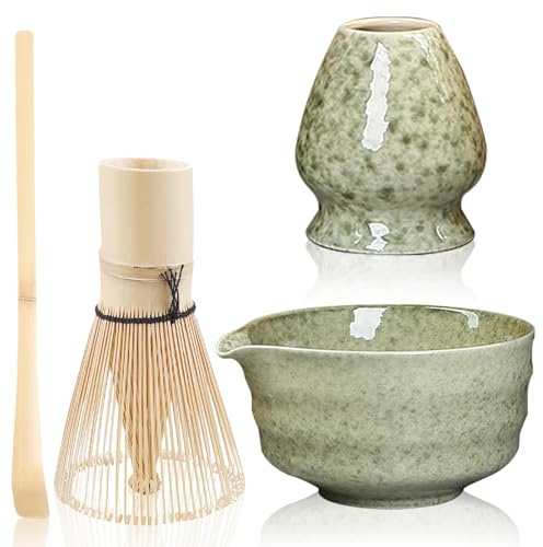 4 Stück Matcha Set, Matcha Besen Set, Matcha Tee Set, Matcha Besen Set, Matcha Schale mit Ausgießer und Schneebesen und Matcha-Schaufel, Matcha Whisk, Keramik Matcha Kit (Grün)