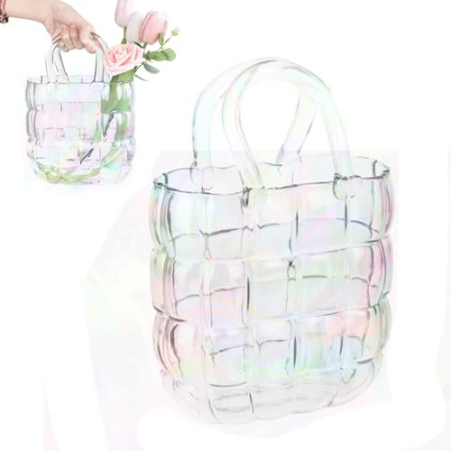 Vase Quadratisch Glas, Vase Glas Handtasche Dekorative Vase Bunt Handtasche Blumenvase Vase Taschenform Glas Handgemachte Modern Tischvase Deko Für Blumen Tulpen Potpourri Kleine Fische Bonbons
