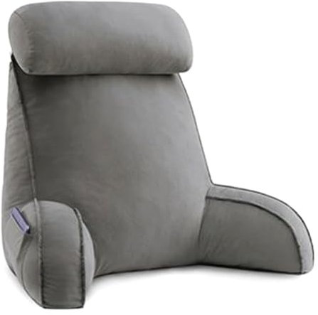 Lesekissen für Bett, 60*80*40cm Lesekissen mit Armlehnen & Seitentaschen, Sitzkissen Bett mit Abnehmbarer Nackenrolle & Waschbar Baumwolle Bezug, Bett Rückenkissen zum Lesen, Fernsehen,Dark gray