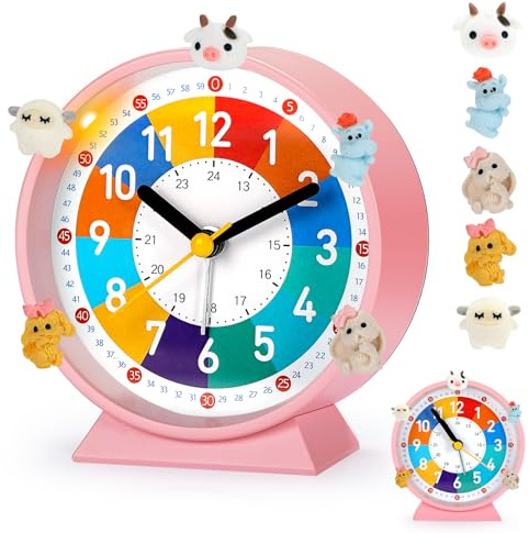 PIXESTT Kinder Wecker, Kinderwecker für Schulanfänge, Kein Tickendes Geräusch, Mit Nachtlicht und Schlummerfunktion, Mit 5 Wecker-Dekoration, Geeignet für Das Lernen, Schlaf-Weck-Aufwachen C