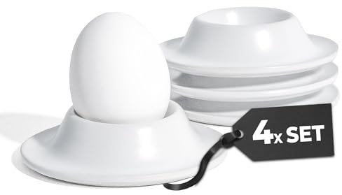 MIAMIO – Egg Cups 4-Piece Ceramic Set, Stoneware Egg Cups with Tray for Eggshells Restaurant Quality – Dishwasher Safe (White)