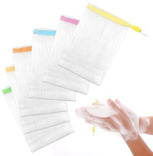 6PCS Assorted Colors Soap Bags for Shower, Handmade Bubble Mesh Soap Bag Exfoliating Soap Saver Pouch Net Shampoo Bar Bag Soap Sleeves with Drawstring Body Facial Cleaning Tool for Bath & Shower (6)